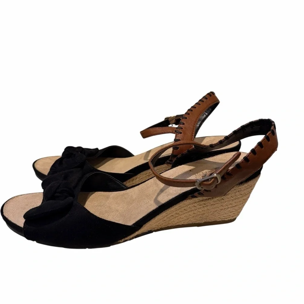 Aerosoles Women’s 12 Espadrille Wedge Sandals Black Bow Ankle Strap Boho Chic